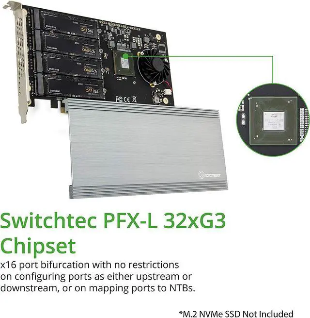 Alt view image 2 of 5 - Quad M.2 NVMe Ports to PCIe 3.0 x16 Bifurcation Riser Controller - Support Non-Bifurcation Motherboard