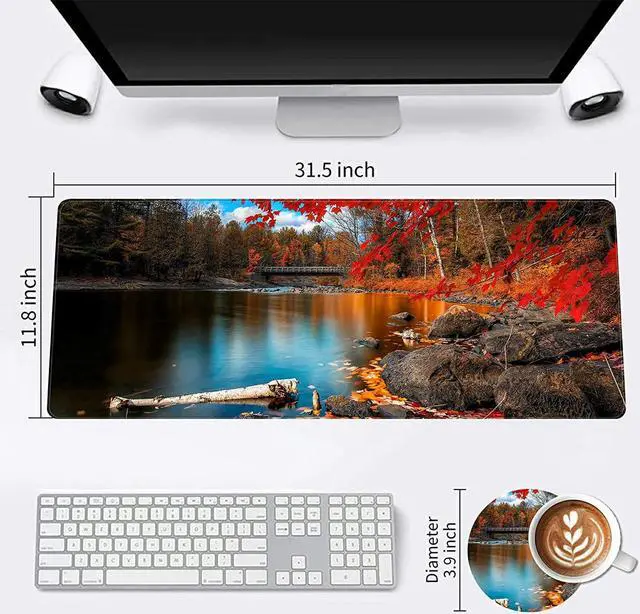 Alt view image 2 of 7 - Functional Desk Pad, Extended Large Gaming Mouse Pad with Stitched Edges, XXL Mouse Pad Large (31.5x11.8 Inch) w/ Brilliant Design, Desk Mat Keyboard Pad Non Slip Base - Red Maple Lake