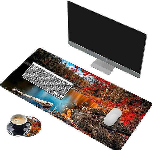 Alt view image 7 of 7 - Functional Desk Pad, Extended Large Gaming Mouse Pad with Stitched Edges, XXL Mouse Pad Large (31.5x11.8 Inch) w/ Brilliant Design, Desk Mat Keyboard Pad Non Slip Base - Red Maple Lake