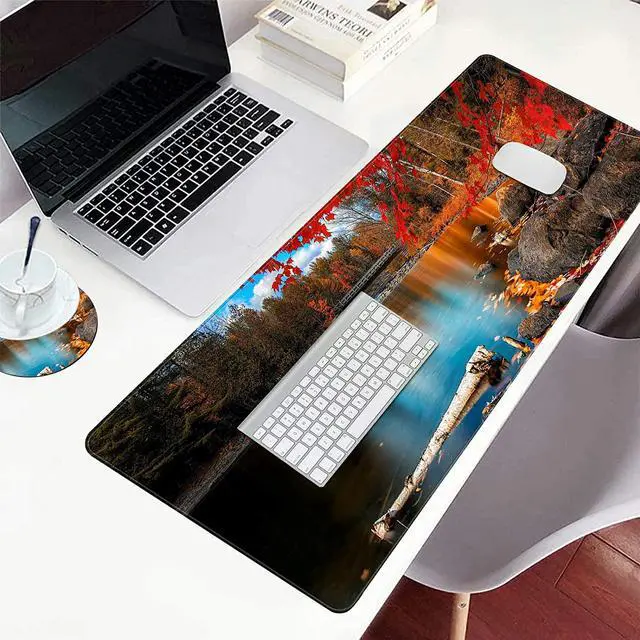 Alt view image 3 of 7 - Functional Desk Pad, Extended Large Gaming Mouse Pad with Stitched Edges, XXL Mouse Pad Large (31.5x11.8 Inch) w/ Brilliant Design, Desk Mat Keyboard Pad Non Slip Base - Red Maple Lake