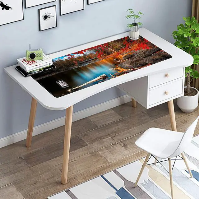 Alt view image 5 of 7 - Functional Desk Pad, Extended Large Gaming Mouse Pad with Stitched Edges, XXL Mouse Pad Large (31.5x11.8 Inch) w/ Brilliant Design, Desk Mat Keyboard Pad Non Slip Base - Red Maple Lake