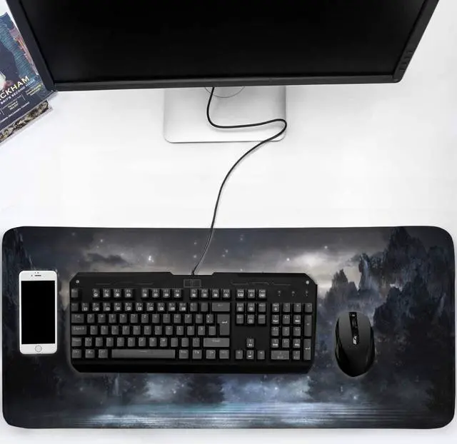 Alt view image 7 of 7 - Forest Extra Large Black Gaming Mouse Pad Non-Slip Rubber Base Giant Mountain Mousepad 35.4×15.7in with Stitched Edge Waterproof Keyboard Pads Computer Desk Laptop Mat for Work Game Office Home