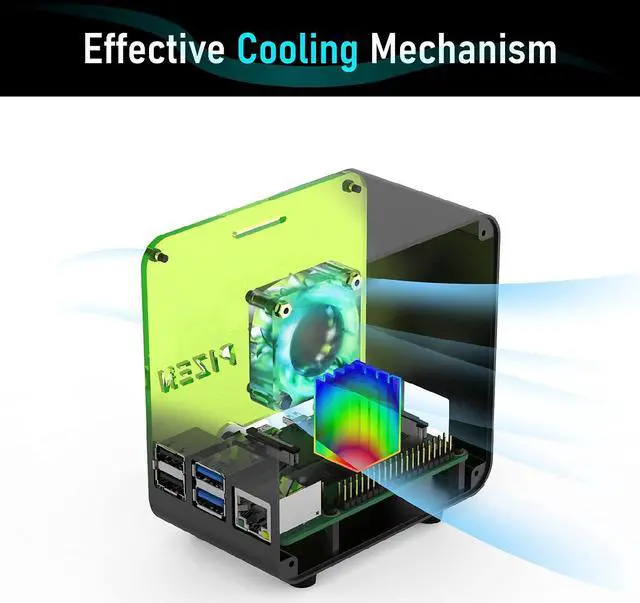 Alt view image 3 of 7 - ElectroCookie PIZEN Raspberry Pi 4 Case, Miniature Desktop Aluminum Case with Cooling Fan and Color Changing Ambient Light (Matte Black & Neon)