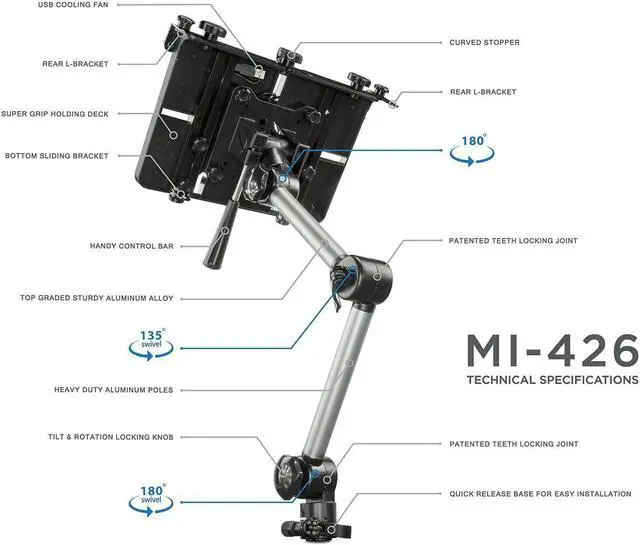 Alt view image 5 of 7 - Mount-It! Laptop Vehicle Mount, No-Drill Computer Seat Mount, Full Motion Adjustable Design for Auto, Truck, Car, Van Use