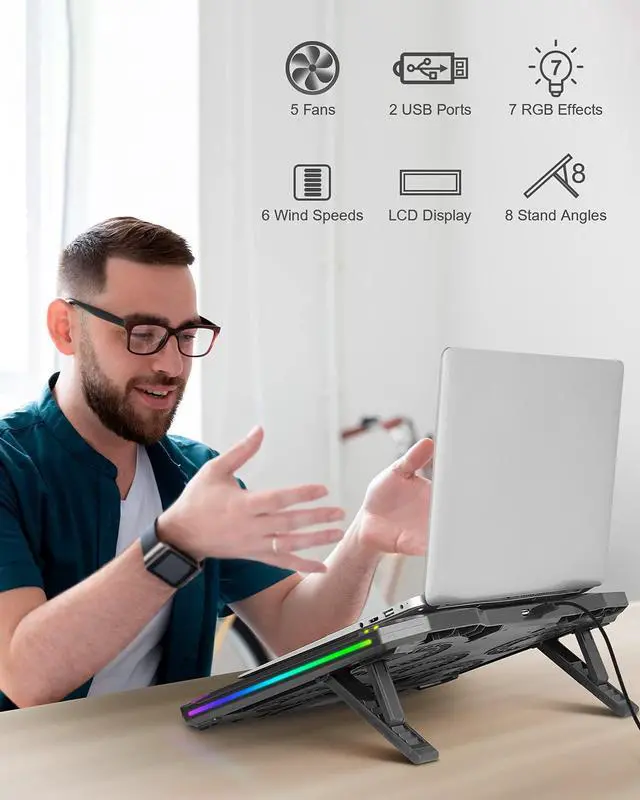 Alt view image 2 of 7 - RGB Laptop Cooling Pad 10-17.3 Laptop Cooler with 5 Quiet LED Fans 6 Adjustable Wind Speeds 7 RGB Light Effects LCD Screen 8 Adjustable Angles 2 USB Ports & Metal Mesh