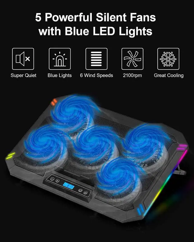 Alt view image 3 of 7 - RGB Laptop Cooling Pad 10-17.3 Laptop Cooler with 5 Quiet LED Fans 6 Adjustable Wind Speeds 7 RGB Light Effects LCD Screen 8 Adjustable Angles 2 USB Ports & Metal Mesh