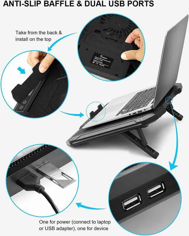 Alt view image 6 of 7 - RGB Laptop Cooling Pad 10-17.3 Laptop Cooler with 5 Quiet LED Fans 6 Adjustable Wind Speeds 7 RGB Light Effects LCD Screen 8 Adjustable Angles 2 USB Ports & Metal Mesh