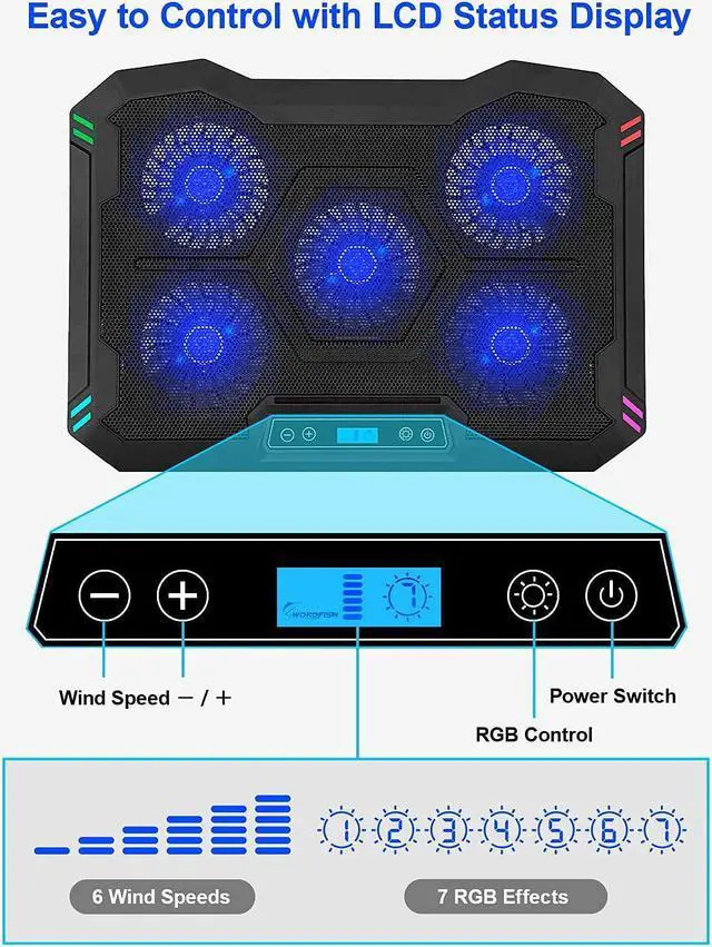 Alt view image 7 of 7 - RGB Laptop Cooling Pad 10-17.3 Laptop Cooler with 5 Quiet LED Fans 6 Adjustable Wind Speeds 7 RGB Light Effects LCD Screen 8 Adjustable Angles 2 USB Ports & Metal Mesh