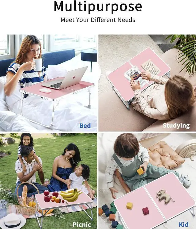 Alt view image 2 of 6 - Foldable Laptop Table for Bed, SUVANE Lap Desk Bed Desk, Breakfast Serving Bed Tray, Portable Mini Picnic Table Storage Space Laptop Desk Reading Holder(Pink)