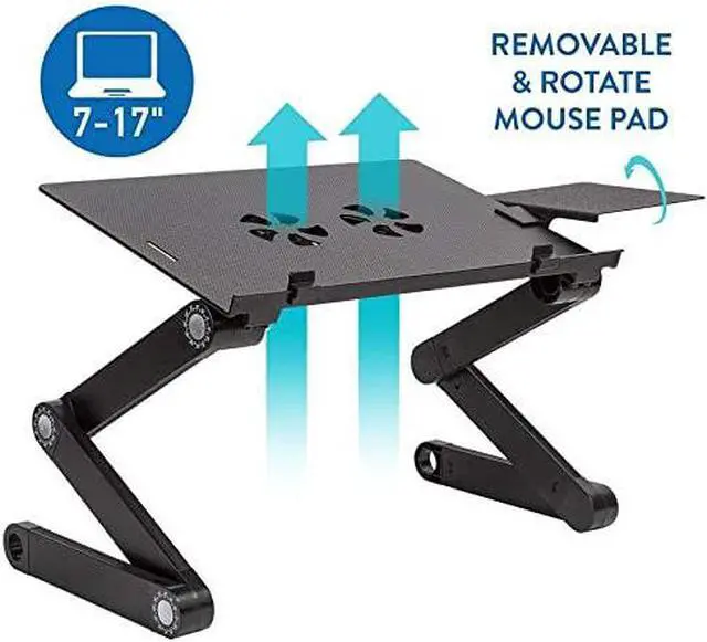 Alt view image 3 of 6 - WonderWorker Einstein Adjustable Laptop Desk with 2 USB Cooling Fans, Folding Lap Table with Mouse Pad for Laptop, Portable Cooling Laptop Stand for Bed, Black