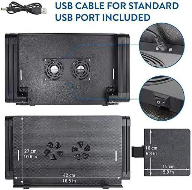 Alt view image 4 of 6 - WonderWorker Einstein Adjustable Laptop Desk with 2 USB Cooling Fans, Folding Lap Table with Mouse Pad for Laptop, Portable Cooling Laptop Stand for Bed, Black