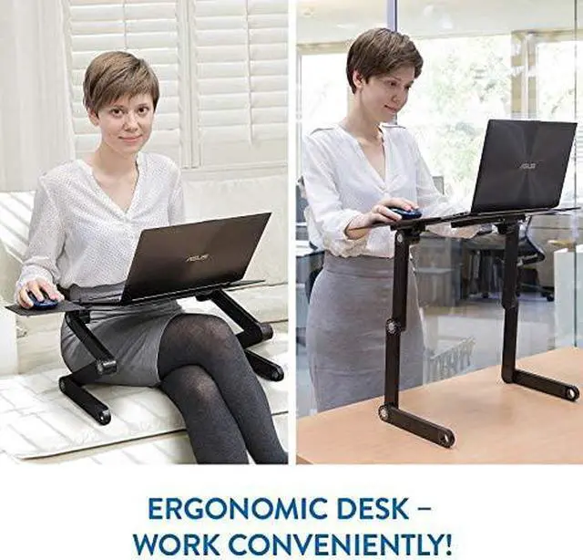 Alt view image 6 of 6 - WonderWorker Einstein Adjustable Laptop Desk with 2 USB Cooling Fans, Folding Lap Table with Mouse Pad for Laptop, Portable Cooling Laptop Stand for Bed, Black