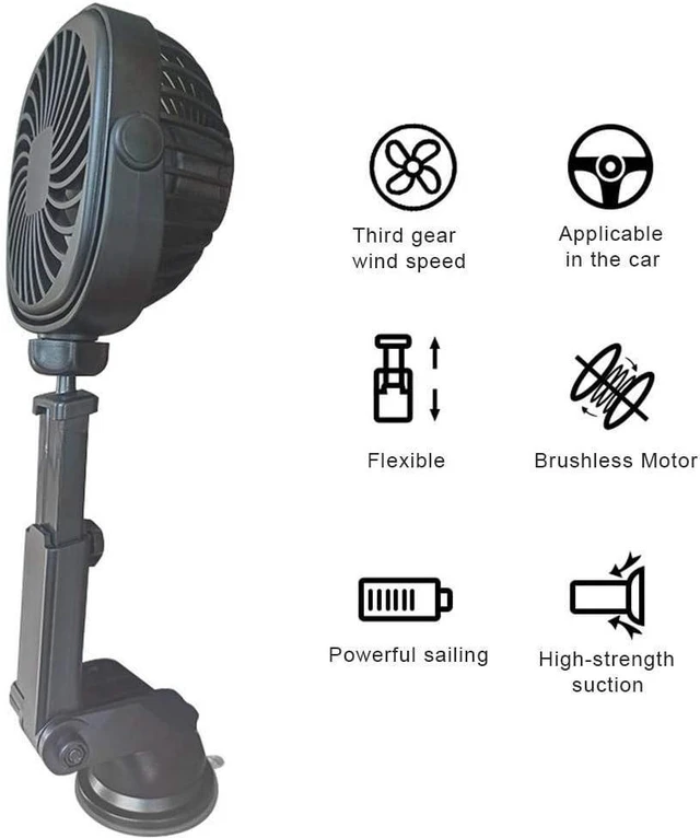 Alt view image 6 of 7 - Freshwater USB Car Fan with Suction Cup, Rechargeable Wall Fan, Portable Electric Fan, 360 Degree Rotation, Black, Super Suction