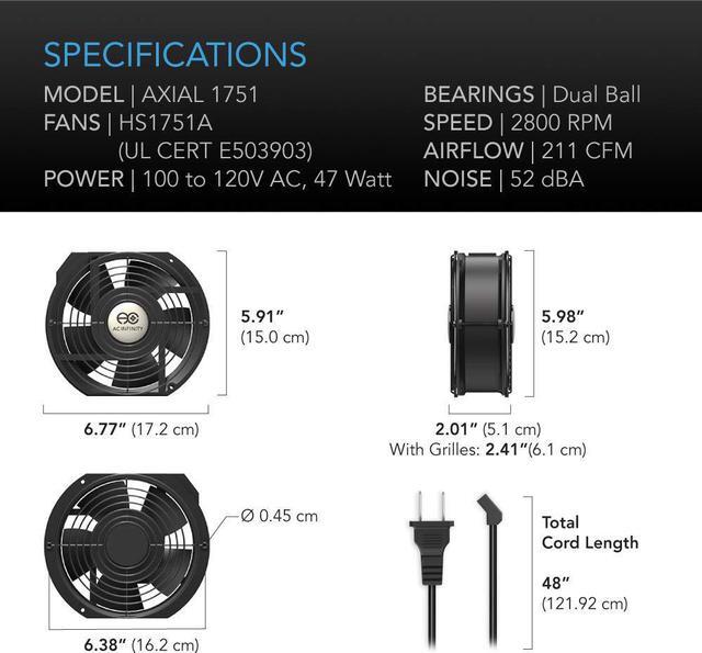 Alt view image 6 of 7 - AC Infinity AXIAL 1751, Muffin Fan, 120V AC 172mm x 150mm x 51mm High Speed, UL-Certified for DIY Cooling Ventilation Exhaust Projects