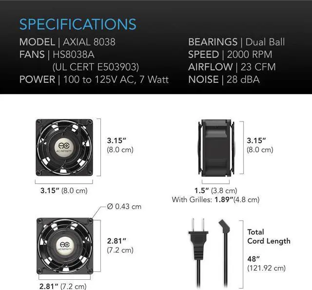 Alt view image 6 of 7 - AC Infinity AXIAL 8038, Quiet Muffin Fan, 120V AC 80mm x 38mm Low Speed, UL-Certified for DIY Cooling Ventilation Exhaust Projects