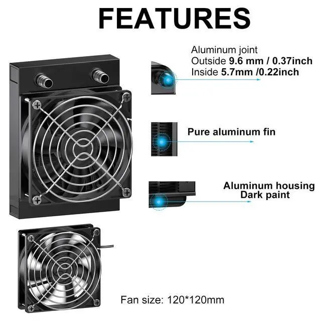 Alt view image 2 of 5 - Clyxgs Water Cooling Radiator,12 Pipe Aluminum Heat Exchanger Radiator with Fan for PC CPU Computer Water Cool System DC12V 120mm Black