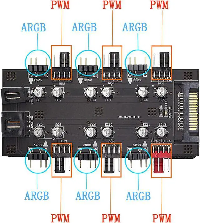Alt view image 2 of 7 - 12V 4Pin PWM & 5V 3Pin ARGB with SATA 15Pin Power 2-in-1 Hub 6 Way Sync CPU Cooling Fan Addressable RGB Lighting PCB Splitter for Extended Motherboard Interface -Black Compatible With Desktop