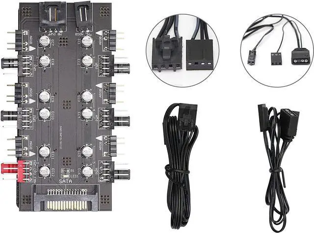 Alt view image 7 of 7 - 12V 4Pin PWM & 5V 3Pin ARGB with SATA 15Pin Power 2-in-1 Hub 6 Way Sync CPU Cooling Fan Addressable RGB Lighting PCB Splitter for Extended Motherboard Interface -Black Compatible With Desktop