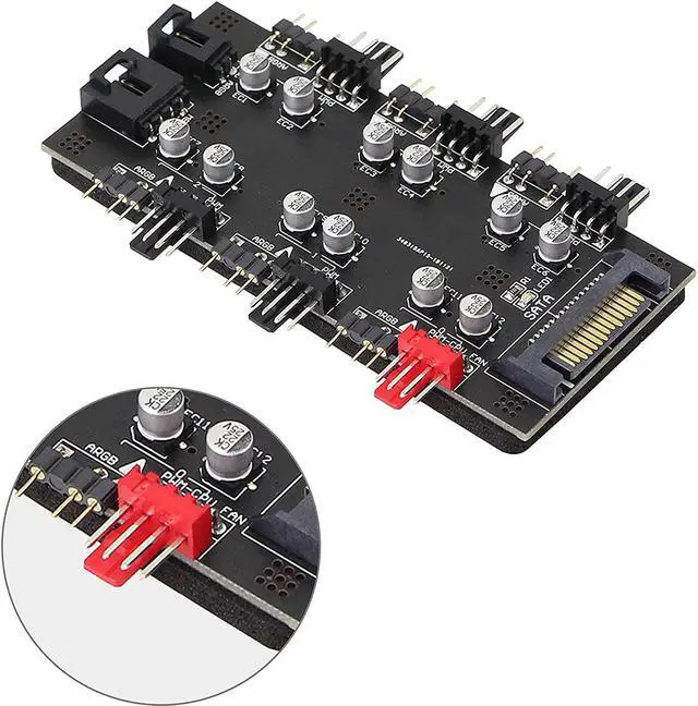 Alt view image 4 of 7 - 12V 4Pin PWM & 5V 3Pin ARGB with SATA 15Pin Power 2-in-1 Hub 6 Way Sync CPU Cooling Fan Addressable RGB Lighting PCB Splitter for Extended Motherboard Interface -Black Compatible With Desktop