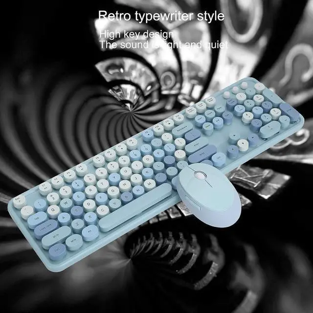 Alt view image 5 of 7 - 2.4GHz Wireless Keyboard and Mouse, with USB Drive Plug and Play, Ergonomic Design, Retro Typewriter Style, 104 Key Keyboard Mouse Set for Laptop, PC, Computer(Blue Colorful)
