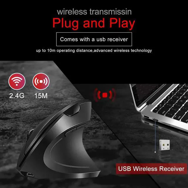Alt view image 4 of 7 - Vassink Ergonomic Mouse, Rechargeable Wireless Mouse, 2.4GHz Rechargeable Wireless Vertical Optical Mice with USB Receiver, 6 Buttons, 800/1200/1600 DPI, for Laptop, PC, Computer Black