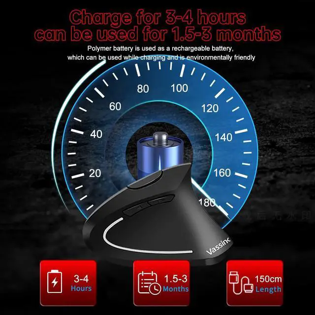 Alt view image 5 of 7 - Vassink Ergonomic Mouse, Rechargeable Wireless Mouse, 2.4GHz Rechargeable Wireless Vertical Optical Mice with USB Receiver, 6 Buttons, 800/1200/1600 DPI, for Laptop, PC, Computer Black