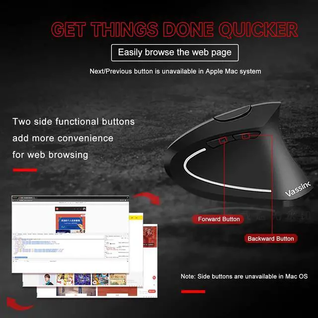 Alt view image 6 of 7 - Vassink Ergonomic Mouse, Rechargeable Wireless Mouse, 2.4GHz Rechargeable Wireless Vertical Optical Mice with USB Receiver, 6 Buttons, 800/1200/1600 DPI, for Laptop, PC, Computer Black