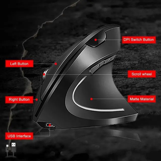 Alt view image 7 of 7 - Vassink Ergonomic Mouse, Rechargeable Wireless Mouse, 2.4GHz Rechargeable Wireless Vertical Optical Mice with USB Receiver, 6 Buttons, 800/1200/1600 DPI, for Laptop, PC, Computer Black