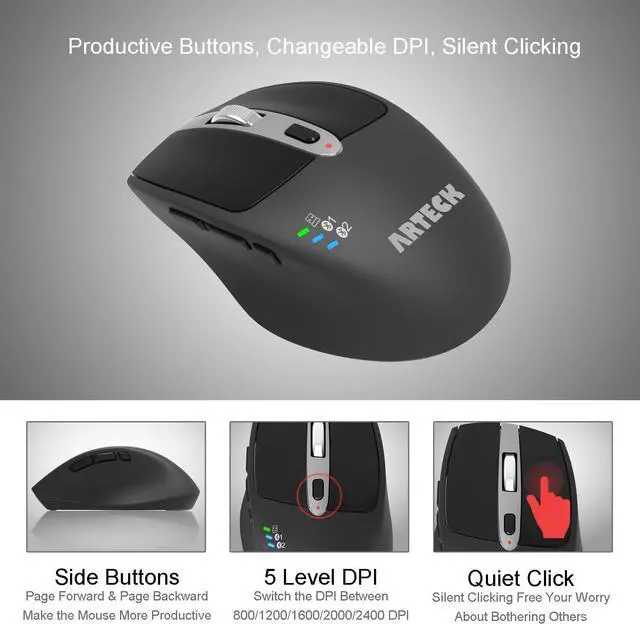 Alt view image 3 of 7 - Arteck Multi-Device Wireless Bluetooth Mouse with Nano USB Receiver Ergonomic Right Hand Silent Clicking for Computer Desktop PC Laptop Mac iPad and Windows 10/8 iPad OS Build in Rechargeable Battery