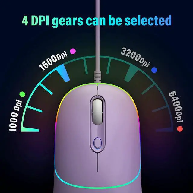 Alt view image 2 of 7 - Wired Mouse USB Computer Mouse with RGB 4 Adjustable DPI up to 6400 Ultra Silent for Laptop PC Windows (Purple)
