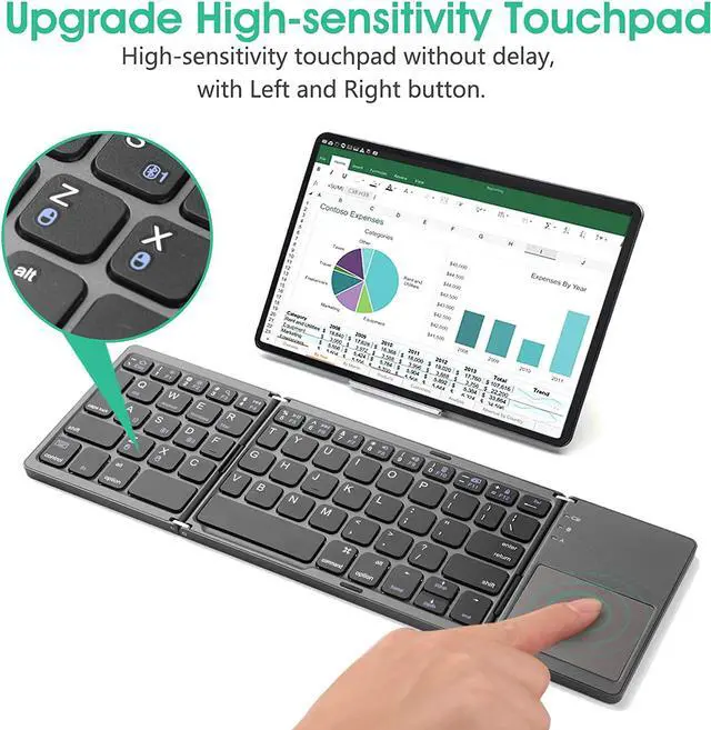Alt view image 4 of 7 - Multi-Device Foldable Bluetooth Keyboard with Touchpad Rechargeable Dual-Mode(2.4G+BTx2) Wireless Keyboard with Holder, Portable Ultra Slim Folding Keyboard for Android Windows iOS Mac OS
