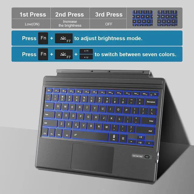 Alt view image 6 of 7 - Surface Pro Type Cover, Portable Wireless Bluetooth Keyboard with Touchpad, 7-Color LED Backlit and Built-in Rechargeable Battery (LED Backlit)