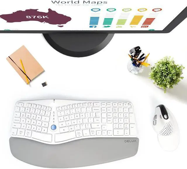 Alt view image 7 of 7 - DeLUX Wireless Ergonomic Split Keyboard with Palm Rest Against Carpal Tunnel, Multi-Device Connection, Wave Layout, Comfortable Type for Reduce Hand Pain, Compatible with Windows/macOS (GM901D-White)