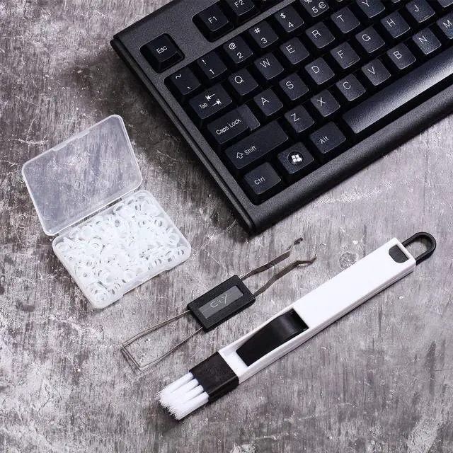 Alt view image 7 of 7 - 202 Pieces Keyboard Cleaner Cleaning Tools Set Includes 1 Keyboard Puller Keycap Removal Tool 1 Door Window Track Cleaning Brush and 200 O-Ring Switch Dampeners (Transparent O-Rings)