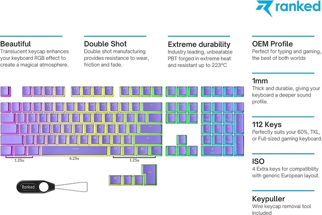 Alt view image 2 of 7 - Ranked Pudding PBT Keycaps | 112 Double Shot Translucent ANSI US & ISO Layout | OEM Profile for RGB Mechanical Gaming Keyboard (Lavender)