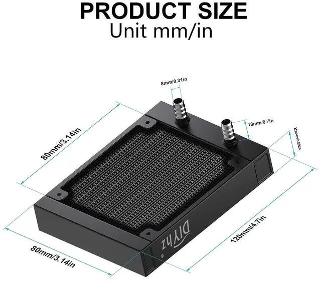 Alt view image 2 of 6 - DIYhz Water Cooling Computer Radiator, 8 Pipe Aluminum Heat Exchanger Liquid Cooling Radiator Heat Sink 80mm with Fan for CPU PC Laser Water Cool System DC12V Black