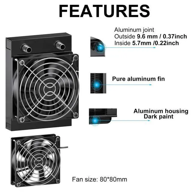 Alt view image 2 of 5 - Clyxgs Water Cooling Radiator, 8 Pipe Aluminum Heat Exchanger Radiator with Fan for PC CPU Computer Water Cool System DC12V 80mm Black