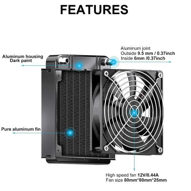 Alt view image 3 of 7 - Clyxgs Water Cooling Radiator, 8 Pipe Aluminum Heat Exchanger Radiator with Fan for PC CPU Computer Water Cool System DC12V 80mm Black