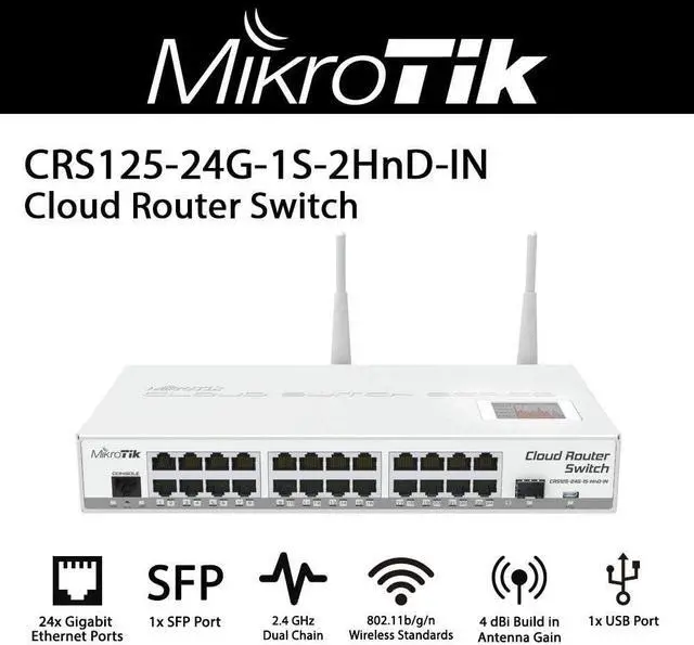 Main image of MikroTik CRS125-24G-1S-2HnD-IN, 4dBi, 30dBm, 600MHz, 128MB, 2. 4GHz, 24xGigabit, SFP, LCD, microUSB, L5