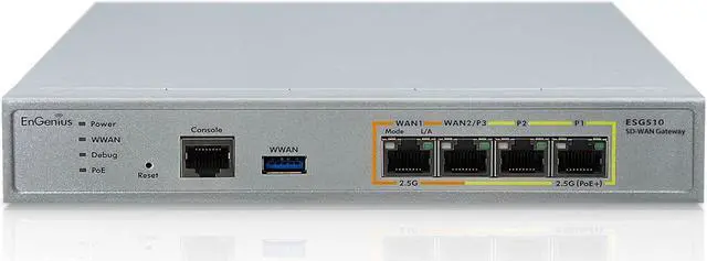 Main image of EnGenius Cloud Managed ESG510 1.6 GHz Quad-Core SD-WAN VPN Router with Dual-WAN 2.5 GbE, Dual-LAN 2.5 GbE, Cellular failover, stateful Firewall, and site to site & Client VPN