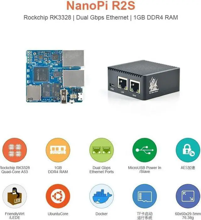 Alt view image 2 of 7 - FriendlyElec Nanopi R2S(Black) Mini Portable Travel Router OpenWRT with Dual-Gbps Ethernet Ports 1GB DDR4 Based in RK3328 Soc for IOT NAS Smart Home Gateway
