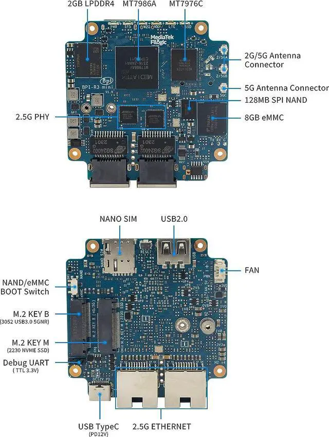 Alt view image 6 of 7 - Banana Pi BPI-R3 Mini Wi-Fi 6 OpenSource Router, OpenWRT Dual-Band Wireless Router Board, MediaTek MT7986 (Filogic 830) CPU, Support M.2 NVMe SSD 2X 2.5GbE SFP Ethernet for Gaming Gateway NAS Device