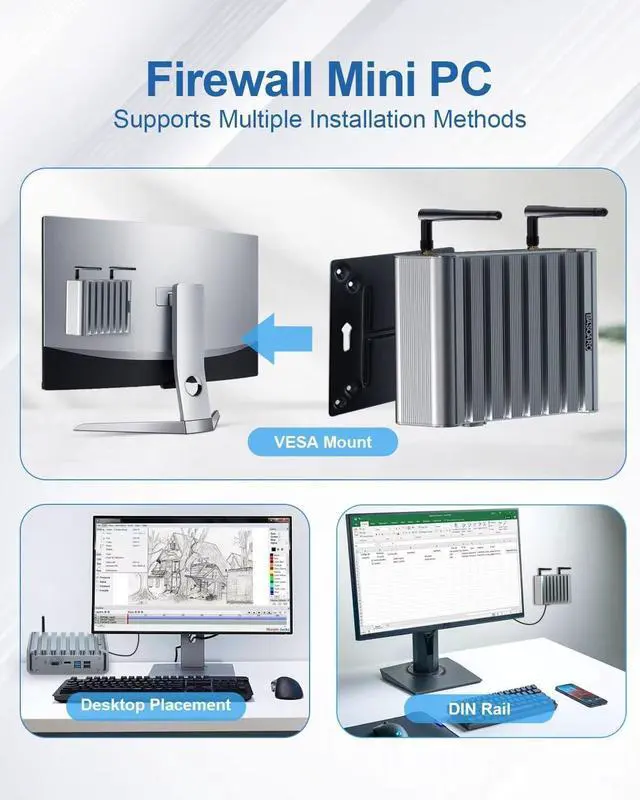 Alt view image 7 of 7 - Fanless Firewall Appliance Router Celeron J4125 6 LAN 2.5G Network Card 8GB DDR4 RAM 128GB SSD 1TB HDD Firewall Mini PC HD COM USB3.0 SIM Slot WiFi AES-NI VPN Router Auto Power On