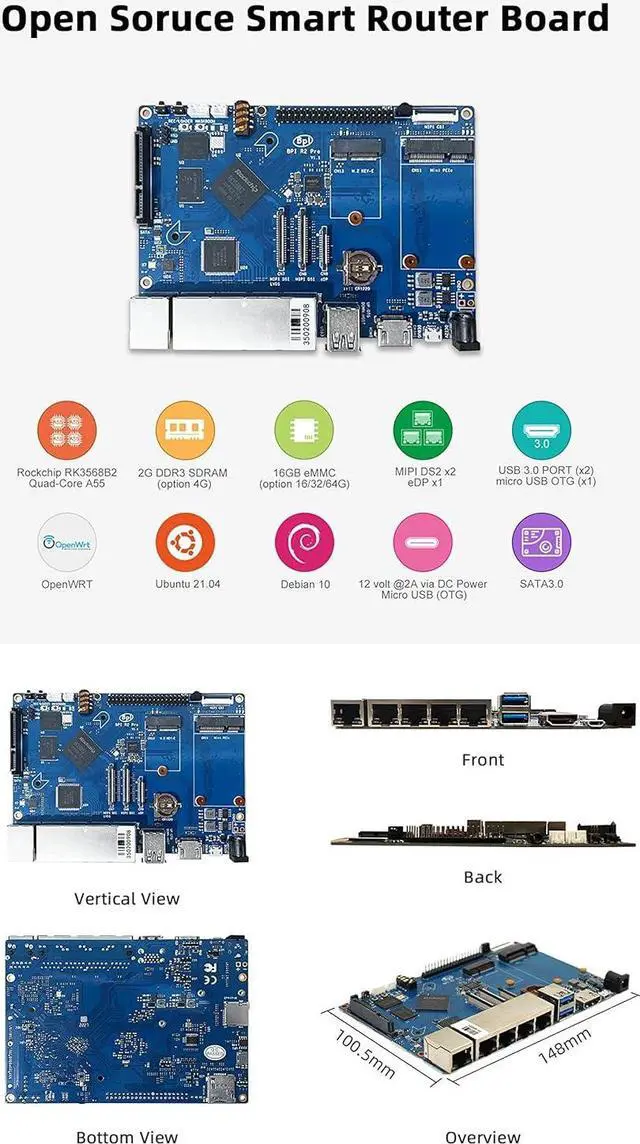 Alt view image 3 of 7 - Banana Pi BPI-R2 Pro Open Source 5 Gigabit Port Wireless Smart WiFi Router 2G LPDDR4 and 16G EMMC Developement Based in Linux OpenWRT for NAS VPN Server and DIY Software