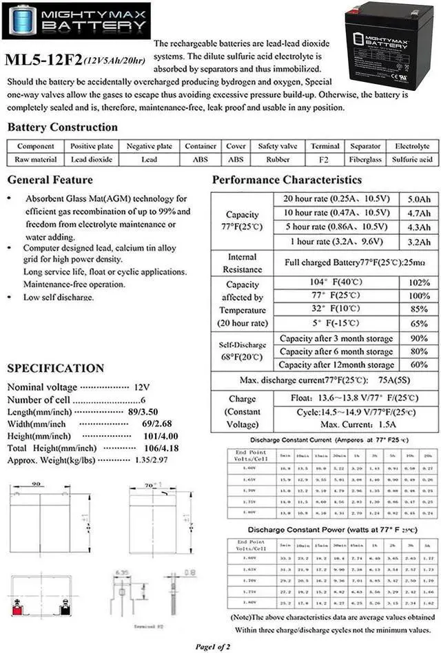 Alt view image 5 of 6 - Mighty Max Battery 12V 5Ah F2 SLA Replacement Battery for APC SmartUps 2U SMT3000RM2U - 9 Pack