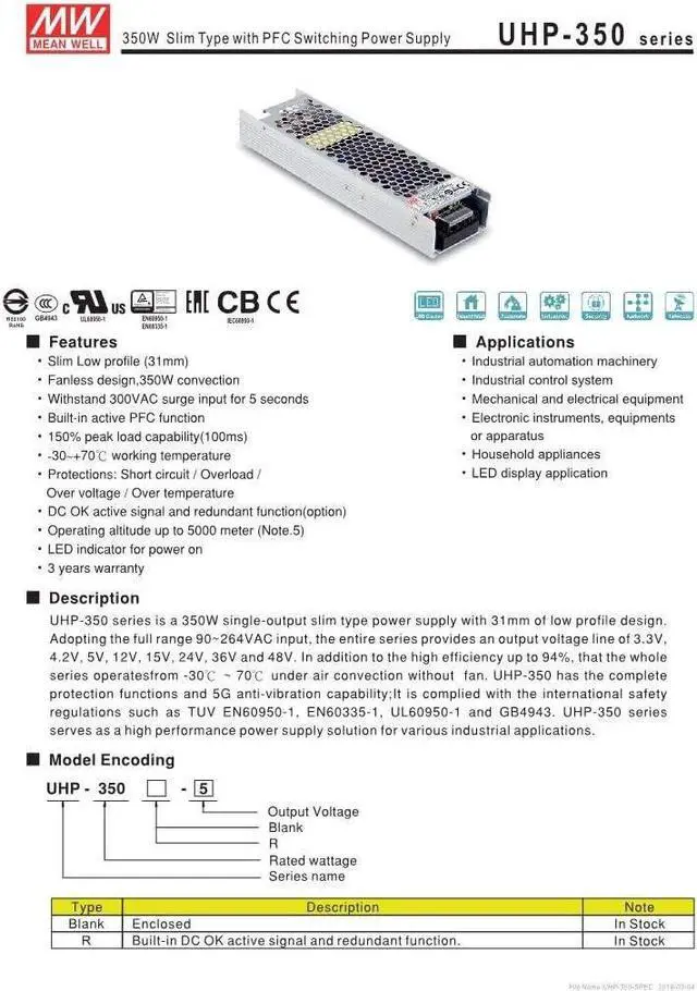 Alt view image 2 of 7 - MEAN WELL UHP-350-3.3 3V 60A 198W SlimType LED Power Supply