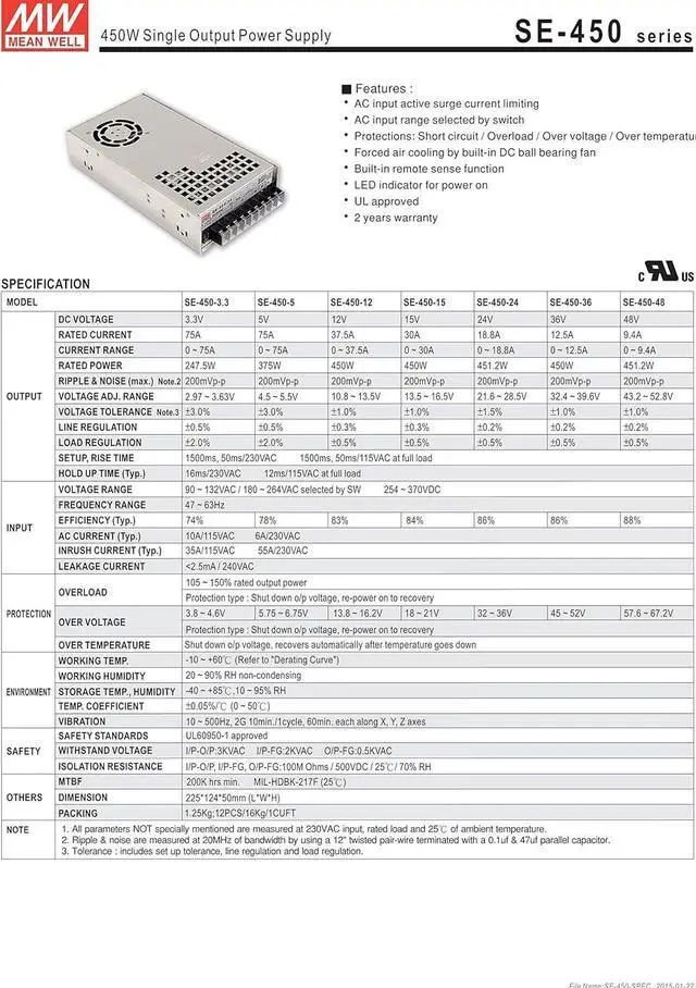 Alt view image 2 of 3 - Mean Well Original SE-450-15 Single Output Switching Power Supply 15V 30A 450W