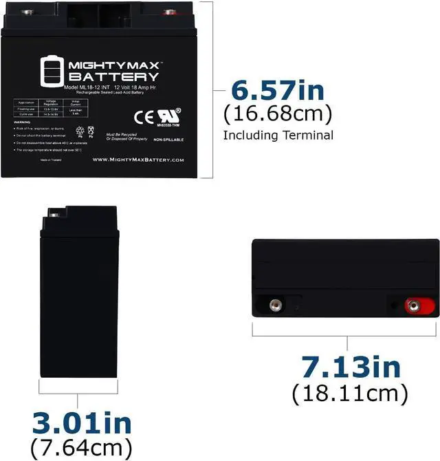 Alt view image 2 of 7 - Mighty Max Battery 12V 18AH SLA Internal Thread Replacement Battery for ES1230