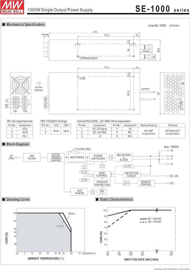 Alt view image 2 of 3 - Mean Well Original SE-1000-12 Single Output Power Supply 12V 83.3A 1000W