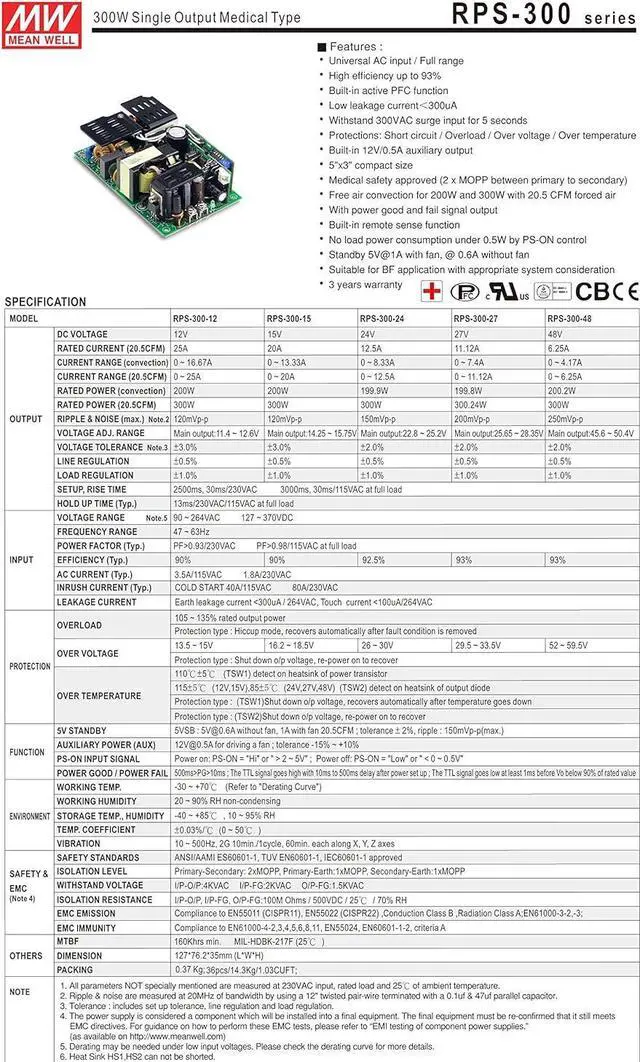 Alt view image 2 of 3 - Mean Well Original RPS-300-15-C Medical Type Green Open Frame Power Supplies 15V 20A 300W